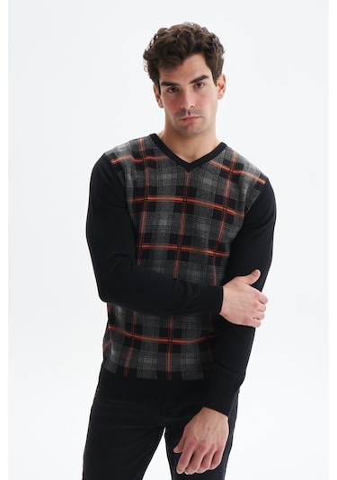 Arma Erkek Slim Fit Likralı Akrilik Kumaş V Yaka Kareli Kazak K0kro0860 Siyah