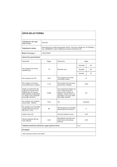 Siemens SN53IS50KT 5 Programlı 13 Kişilik Yarı Ankastre Bulaşık Makinesi