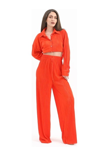 Düğme Detaylı Örme Pilise Takım - Turuncu-turuncu Turuncu