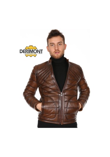 Hakiki Deri Taba Erkek Deri Mont Düz Çizgi Desenli Fermuarlı Deri Ceket