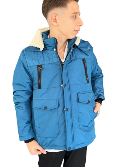 Erkek Çocuk Fermuar Torba Cepli Fermuar Çıtçıt Kapamalı Peluş Astarlı Kapüşonu Çıkabilen Mavi Mont Mavi