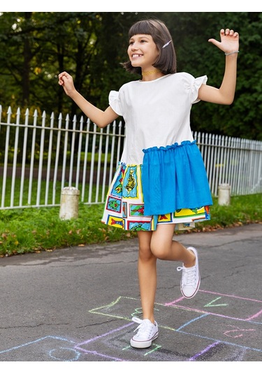 Sheshe Yarım Kollu Pamuklu Balık Desenli Kız Çocuk Elbise Renkli