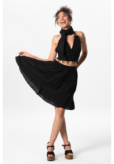 Benan Beli Lastikli Kısa Yazlık Müslin Etek Siyah Syh-siyah Siyah