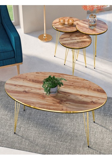 Zigon Sehpa Ve Orta Sehpa Elips Set Çift Gold Ceviz Tel