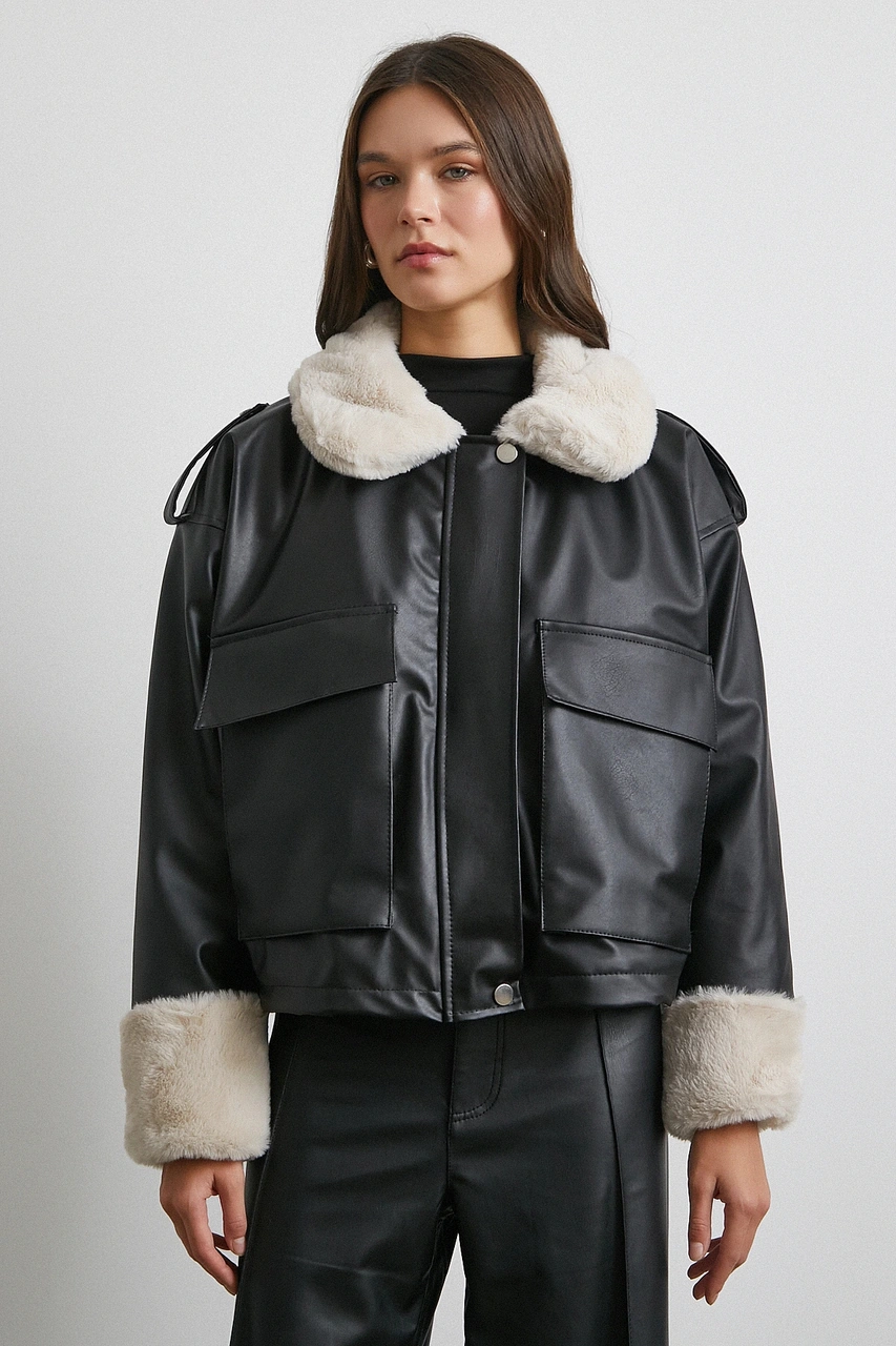 Körüklü Cep Deri Mont Siyah Siyah