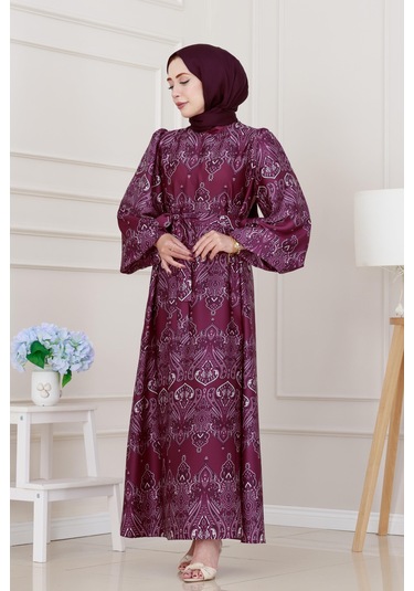Balon Kol Saten Adel Elbise-mürdüm-5235 Mürdüm