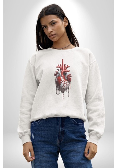 Kırmızı Beyaz Kalp Toplar Damar Unisex Beyaz Baskılı Sweatshirt Beyaz