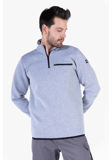 3 İplik Dik Yakalı Fermuarlı Sweatshirt Gri Melanj