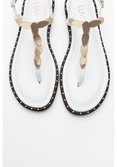 Marea Beyaz Hakiki Deri Parmak Arası Gold Tokalı Kadın Sandalet Beyaz
