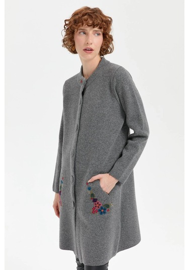 Desen Triko Kadın Dik Yaka Cebi İşlemeli Uzun Yün Kaban 24012 Füme Füme