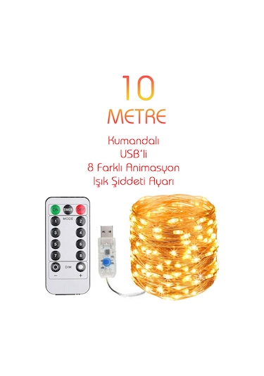Günışığı Renk Uzaktan Kumandalı Ve Fonksiyonlu 10 Metre Usb Peri Led Kamp Parti Kutlama Aydınlatma Günışığı