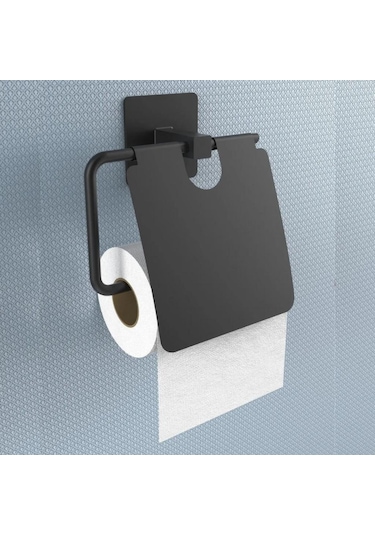 Ollevra Kendiliğinden Yapışkanlı Siyah Paslanmaz Metal Kapaklı Tuvalet Kağıtlığı Aparatı Gri