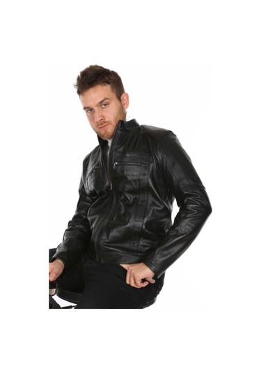 Hakiki Kuzu Derisi Erkek Casual Siyah Deri Mont Siyah