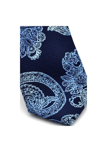 Mavi Şal Desenli Lacivert Dokuma Kumaş Mendilli Slim Fit Kravat // SDK-240113 Lacivert