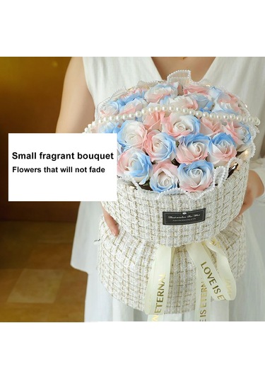 Hangfox 21 Adet Kekik Kız Mavi Buz Gül Soap Çiçek Buketi - Hediye Çantası Ve Lambalı Doğum Günü Özel Hediyesi