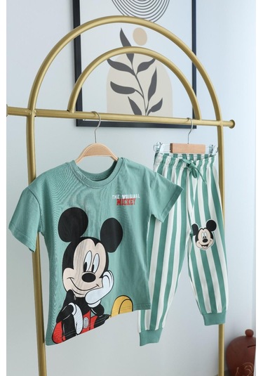 Erkek Çocuk Mickey Kısa Kollu Çizgili Eşofman Takımı Mint Mint Yeşili