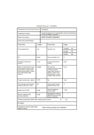 Grundig GPDF 6732 MG 6 Programlı 14 Kişilik Bulaşık Makinesi