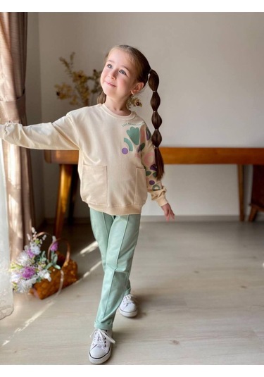 Kız Çocuk Kalp Baskılı 2'li Takım. Pamuklu Mükemmel Kalite Yeşil