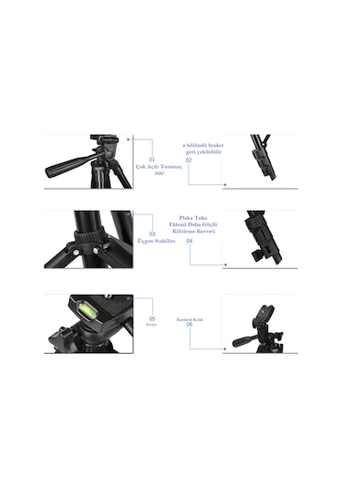 Thentech Tripod Kamera 360 Derece Dönen Telefon Uyumlu Tripod Su Terazili