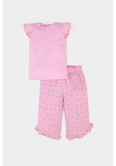DeFacto Kız Bebek Krinkıl Viskon 2'li Takım Kısa Kollu Tişört Beli Lastikli Çiçekli Pantolon E7798A525SMPN444 Pembe