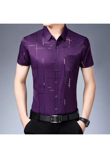 Snapbuyerkek İş Gömleği Kısa Kollu Demirsiz Kırışıklığa Dayanıklı Üstmor Mor