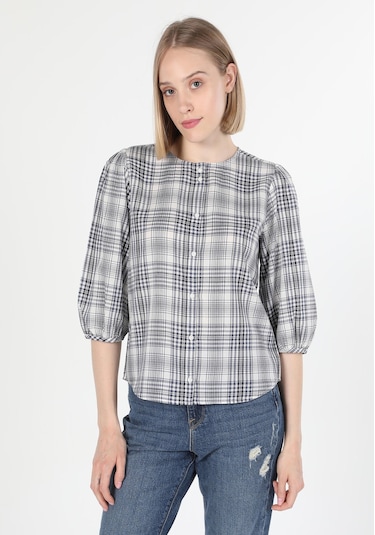 Colins Regular Fit Yuvarlak Yaka Ekoseli Kadın Lacivert Uzun Kol Gömlek Cl1059778 Q1.v2 Nav Lacivert