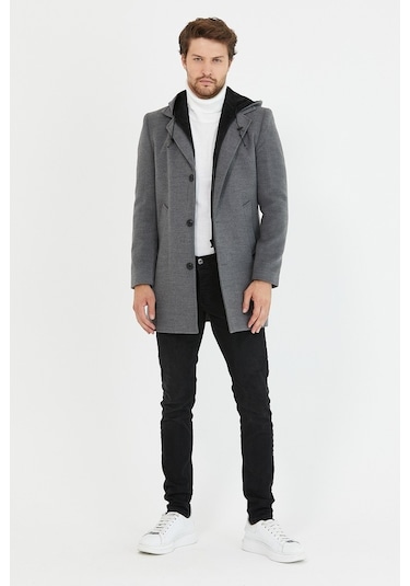 Erkek Gri Yün Karışımlı Kaşe Kapüşonlu Önü Fermuarlı Kaban-Gri