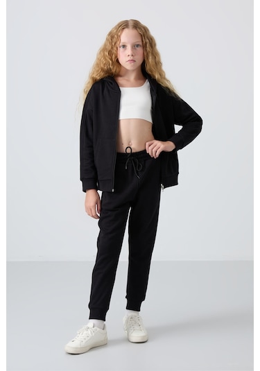Tommy Life Siyah Pamuklu İçi Tüylü Yumuşak Dokulu Standart Fit Nakışlı Kız Çocuk Eşofman Takım - 75148 Siyah