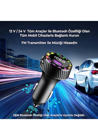 Rgb Işıklı 5.3 Bluetoothlu 30w Usb Type C Hızlı Şarjlı Araç Kiti - Mp3 Çalar, Eller Serbest Modlu