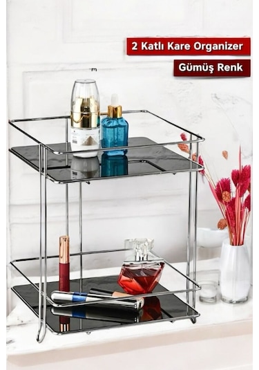 Morponi İki Katlı Kare Banyo Kozmetik Takı Düzenleyici Çok Amaçlı Organizer Gümüş Gümüş