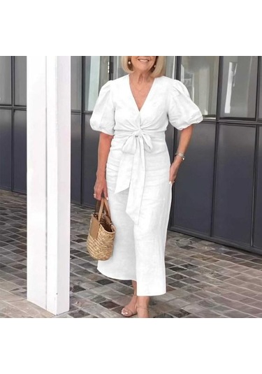Yazlık Maksi Elbise V Yaka Bağcıklı Bel Kabarık Kollu Düz Renk Bol Beyaz