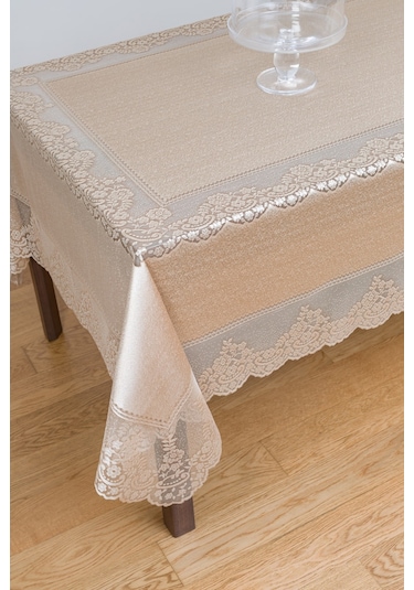 Çini Desenli Örme Leke Tutmaz Masa Örtüsü Sütlü Kahverengi