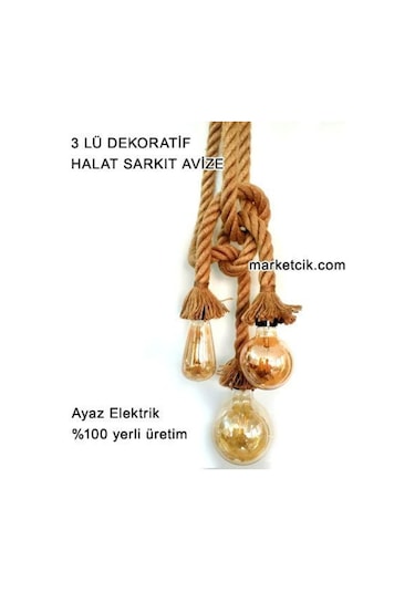 Dekoratif 3 Lü Jut Halatlı Dekoratif Halat Sarkıt Avize (502515200)-Siyah Duy