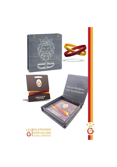 Galatasaray Orijinal Lisanslı Armanın Peşinde 2'li Yetişkin Bileklik Kişiye Özel Ahşap Kutulu Sarı - Kırmızı