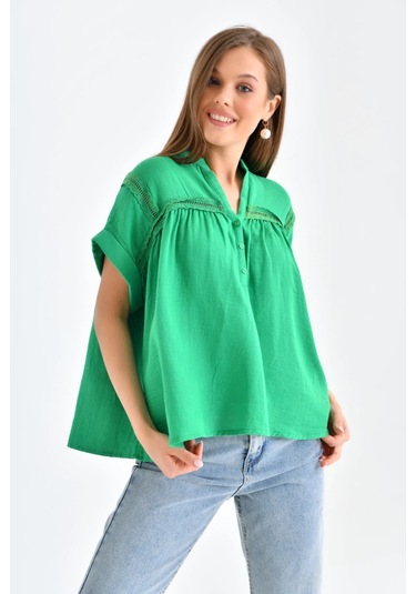Dantel Detay Kısa Dokuma Bluz Yeşil