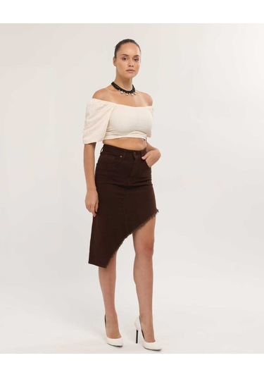 Shevega Kadın Kahverengi Etek Püskül Asimetrik Kesim Keten Etek Kahverengi