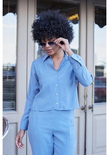 Kadın Likrasız Modal Kumaş Uzun Kol Hafif Kısa Gömlek-indigo Indigo