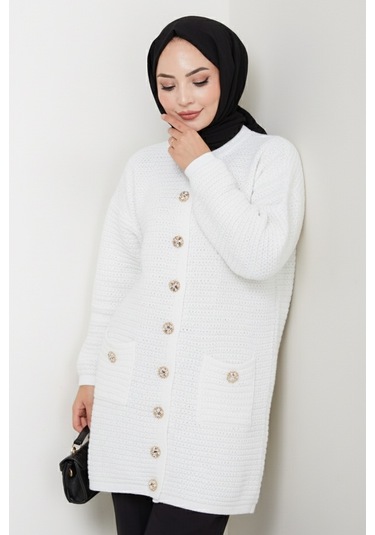 Lezgi Düğmeli Triko Hırka 1599 - Beyaz Beyaz