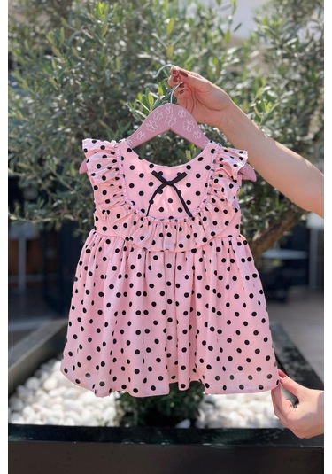 Puantiyeli Kolsuz Pamuklu Kız Çocuk Bebek Pudra Pembe Elbise 001