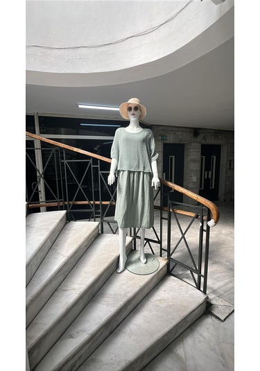 İtalyan Müslin Keteni Üstü File Bluzlu Astarlı Tek Parça Elbise-9256 Su Yeşili