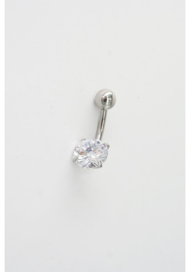 Kadın 316l Anti Alerjenik Topcuklu Oval Baget Zirkon Taşlı Göbek Piercing Gümüş