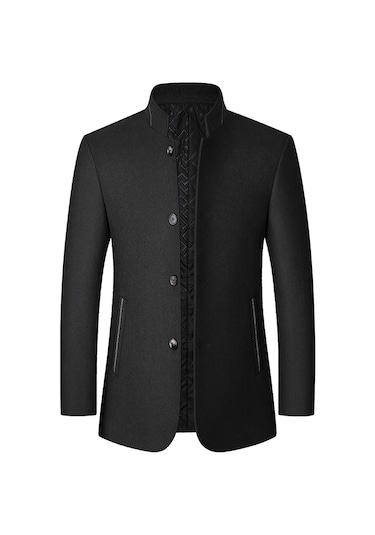 Takım Elbise Üstü Dik Yaka Şık Ve Moda Kışlık Erkek Yün Ceket Siyah