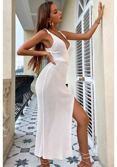 Angelsin Örme Wrap Yaka Yırtmaçlı Plaj Elbisesi Pareo Beyaz