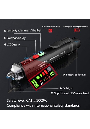 Samdoo "kablosuz Voltaj Test Kalemi - 12v-1000v Ac Algılama, Sesli-ışıklı Uyarı, Kırık Nokta Tespiti, El Fenerli"