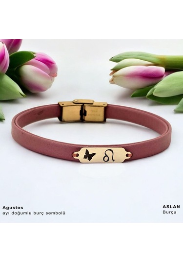 Archin Ağustos Ayı Doğumlarına 14 Ayar Altın Plakalı Koyu Pembe Derili Kelebek Motifli Bileklik-654ay Ağustos