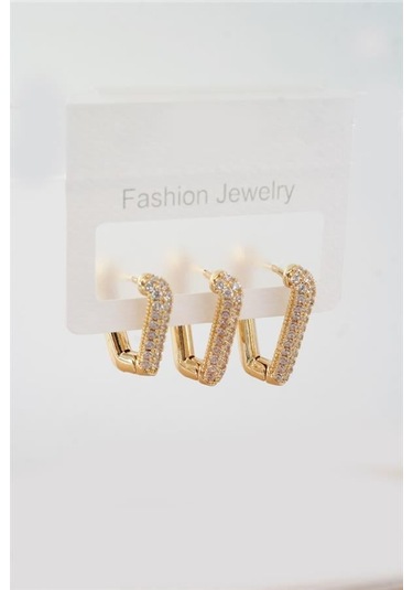 Kadın Vip Seri Zirkon Taşlı 3 Boy 3'lü Küpe Seti-5442 Altın