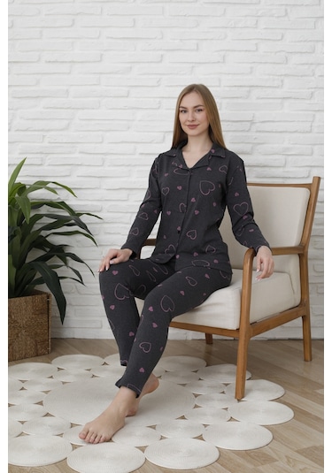 Fames Pijama Uzunkol Düğmeli Penye Pijama Takimi Kalpli Pembe