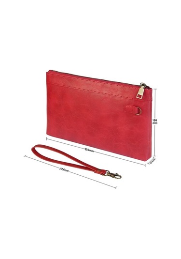 Shidai888 Retro Deri Debriyaj Fermuarlı Zarf Çanta Kırmızı