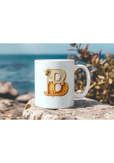 B Harfi Bal Arısı Tasarım Kupa Bardak - Bal Ve Petek Desenli Kişiye Özel Kahve Kupası - Hediyelik Beyaz
