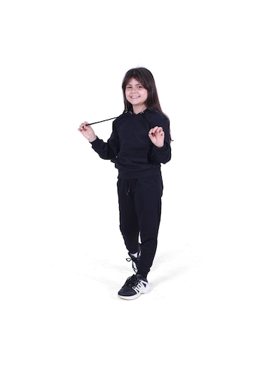 Fyk Kids Kapşonlu, Kanguru Cepli Düz Desen Kız Çocuk Alt-üst Takım Siyah